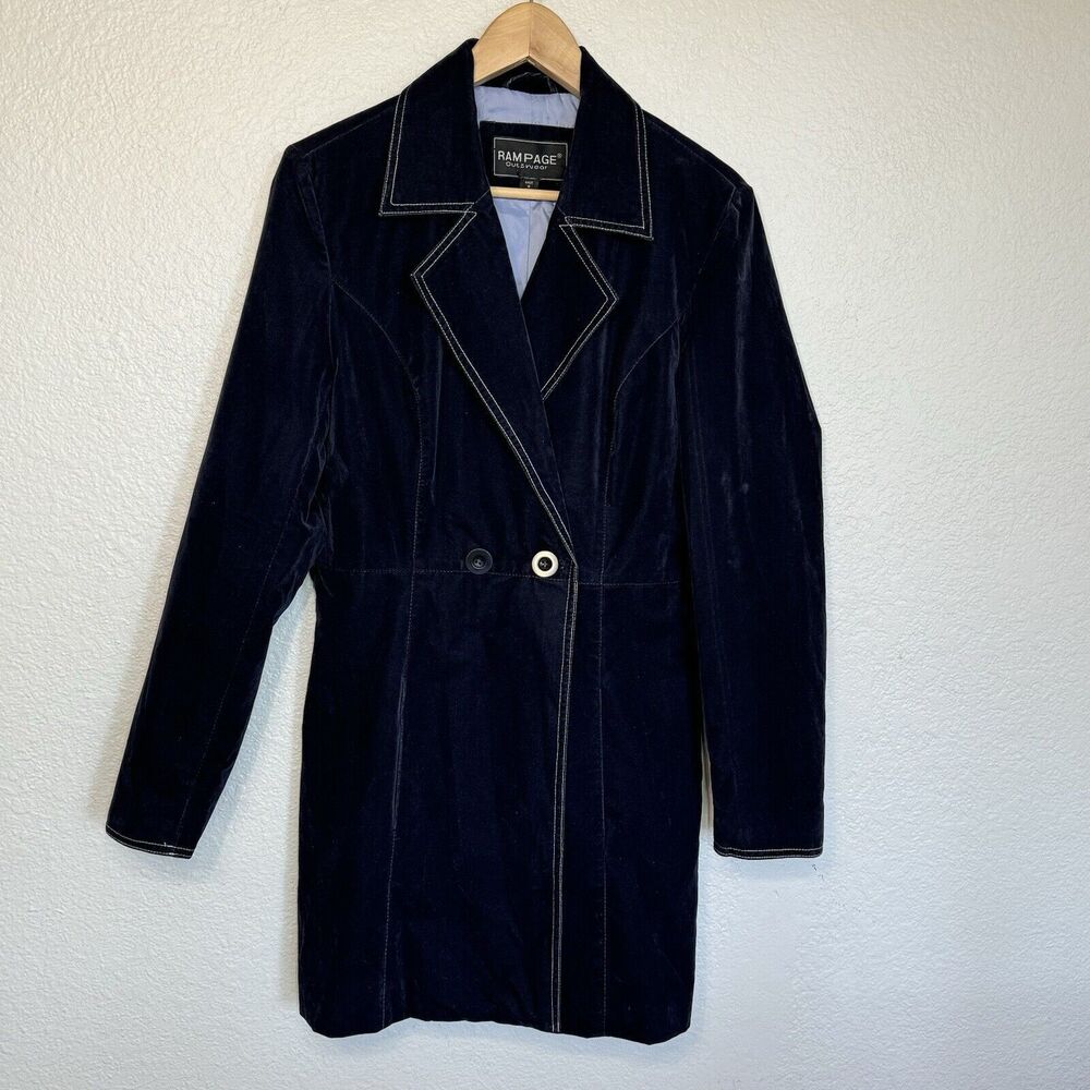Vintage Rampage Jacket Women L Blue Velveteen 2 Button Coat Y2K Goth Vamp Grunge